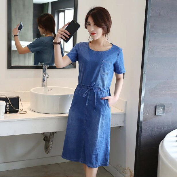 ĐẦM JEAN SUÔNG CỔ TRÒN EO RÚT DÂY - NJ933